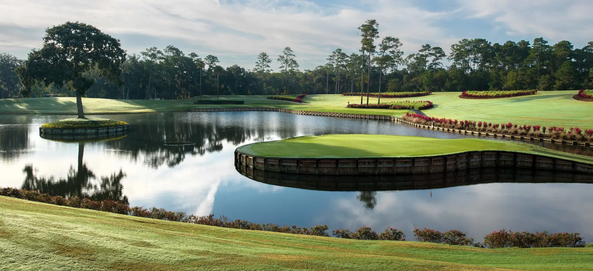 An elevated green surrounded by a water hazard