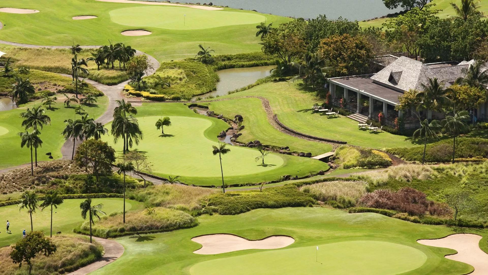 Overhead view of well maintained fairways at the Heritage Awali golf course