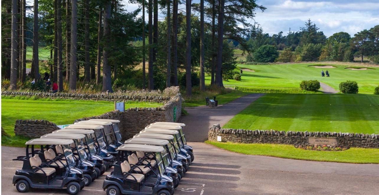 View from the clubhouse up the first fairway with the flight of buggies in the bottom left corner