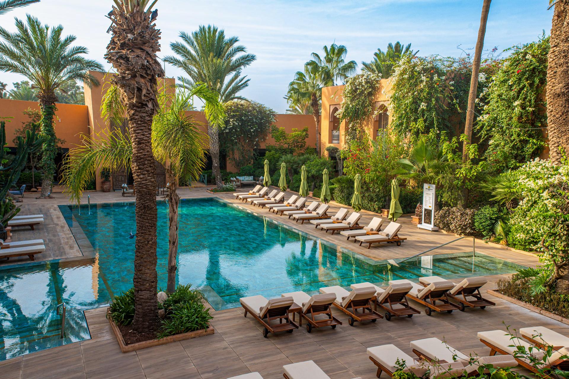 Overhead view of an outdoor swimming pool at Tikida Golf Palace
