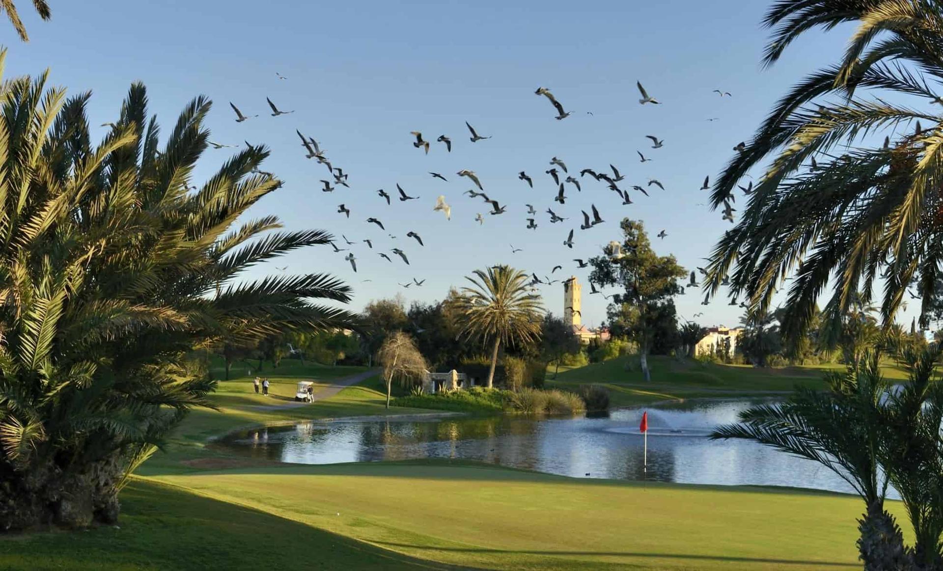 A well maintained fairway next to a water hazard