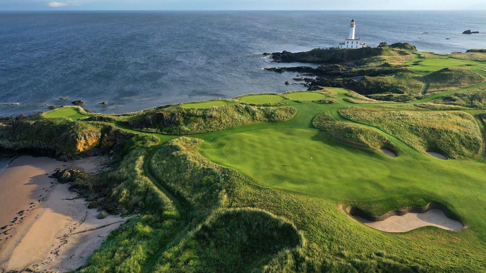 Overhead view of a well maintained coastal green