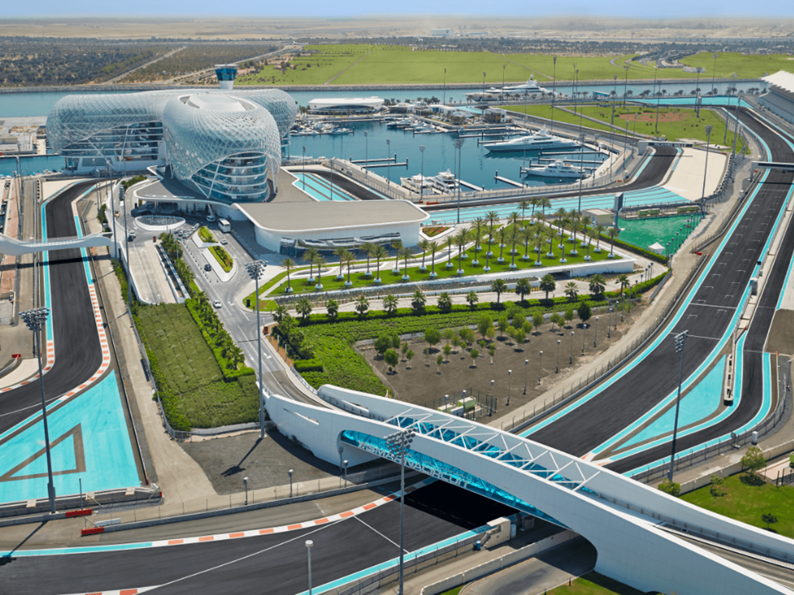 Overhead view of the W Abu Dhabi - Yas Island surrounded by a race track