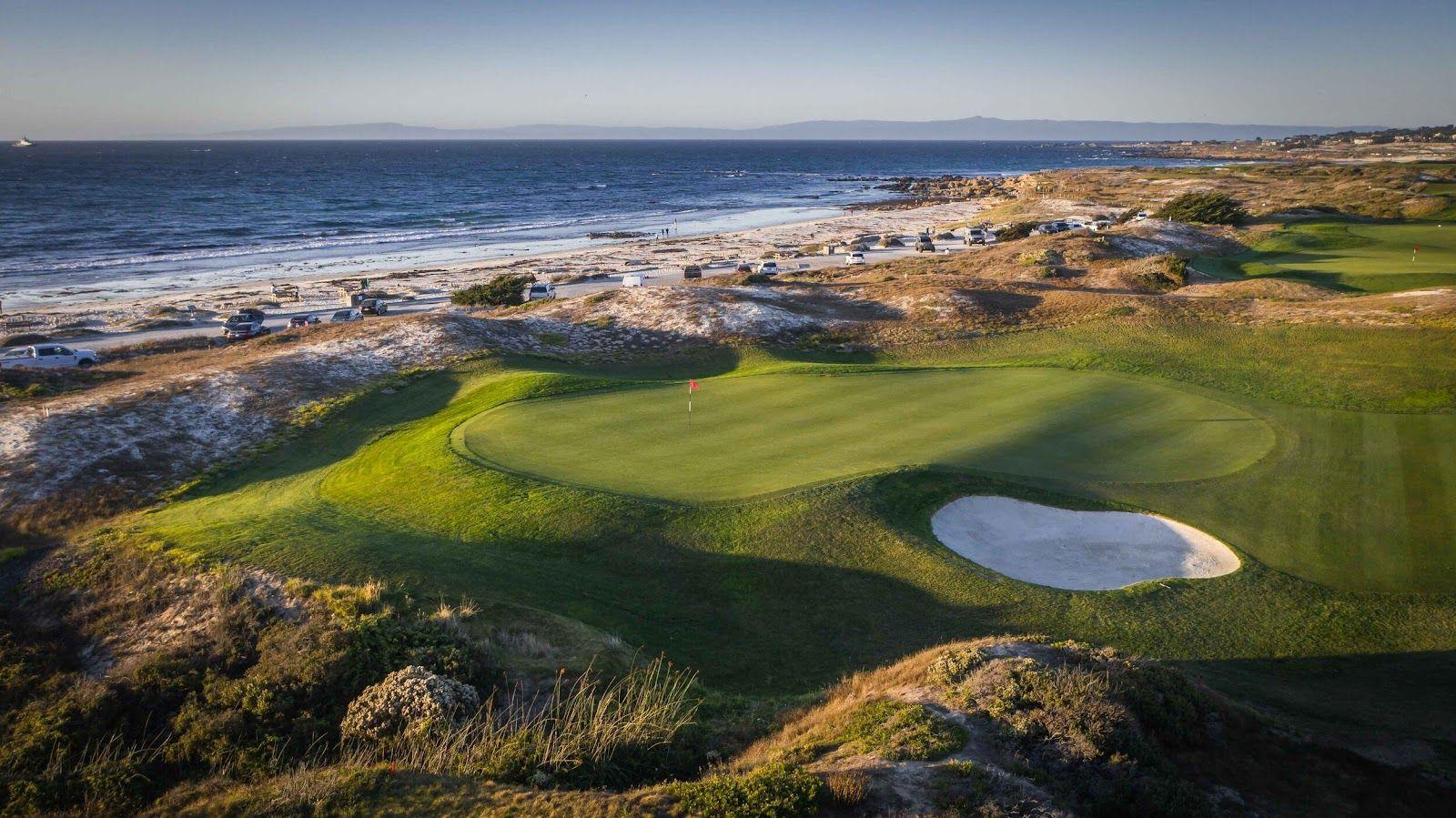 Overhead view of a well maintained coastal green next to a sand bunker