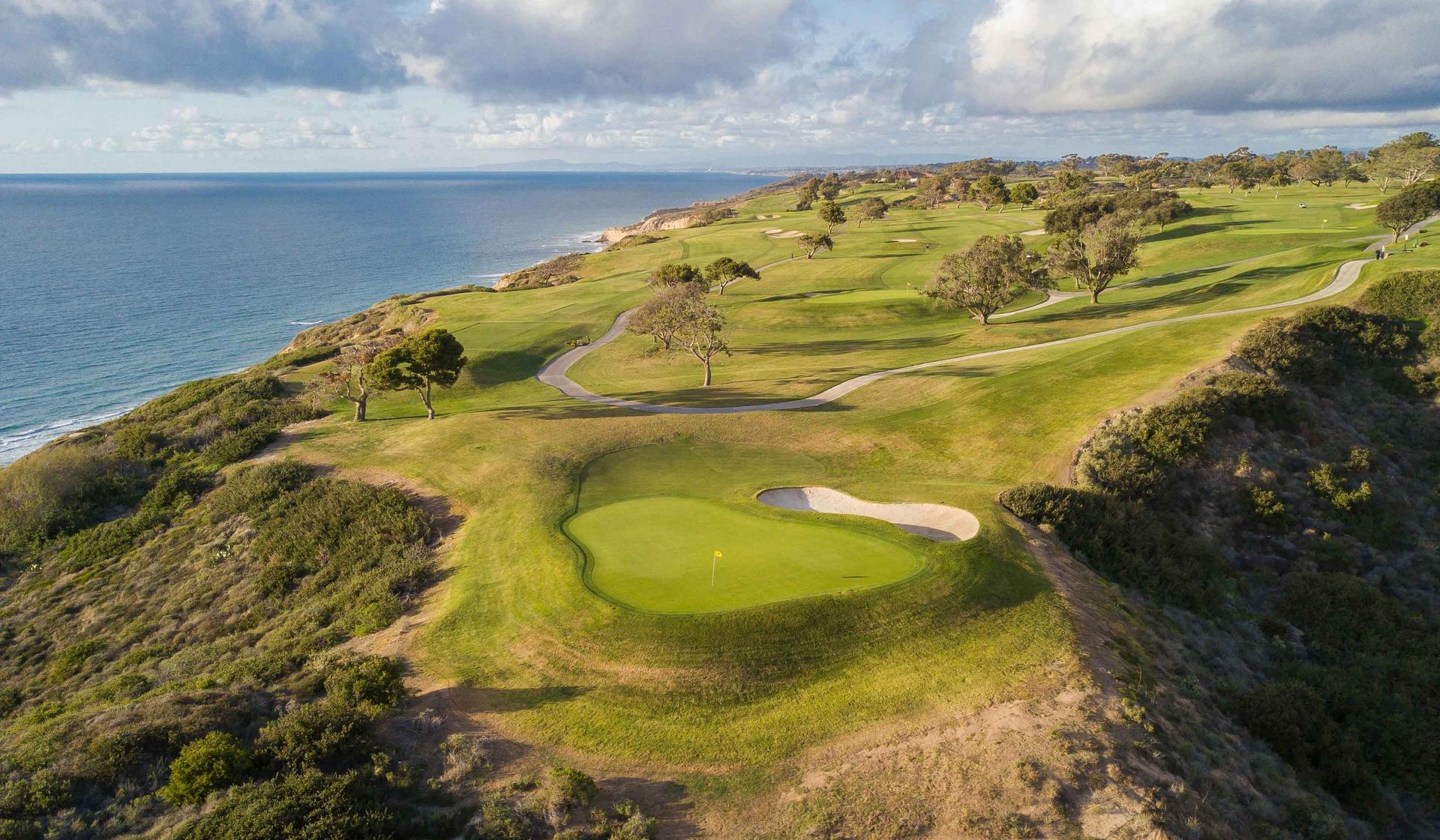 A well maintained green surrounded by sand bunkers