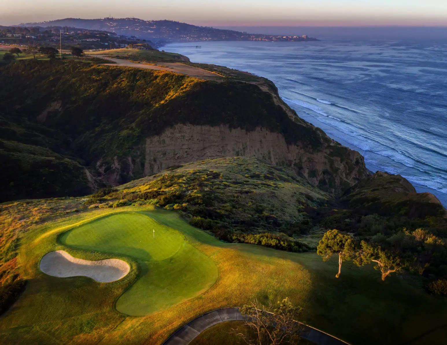 Overhead view of a coastal green at Torrey Pines