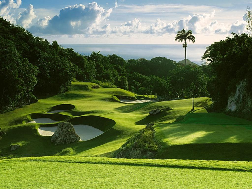 A manicured fairway nestled with sand bunkers