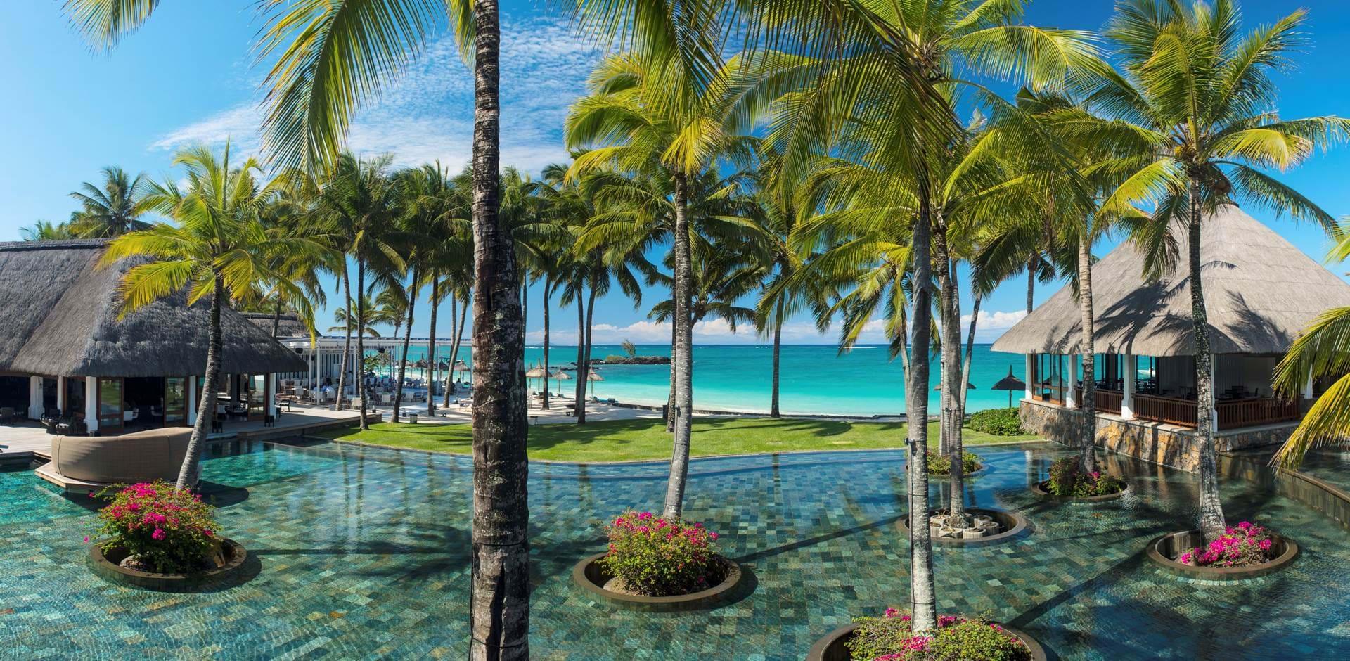 Outdoor swimming pool nestled with palm trees at Constance Belle Mare Plage