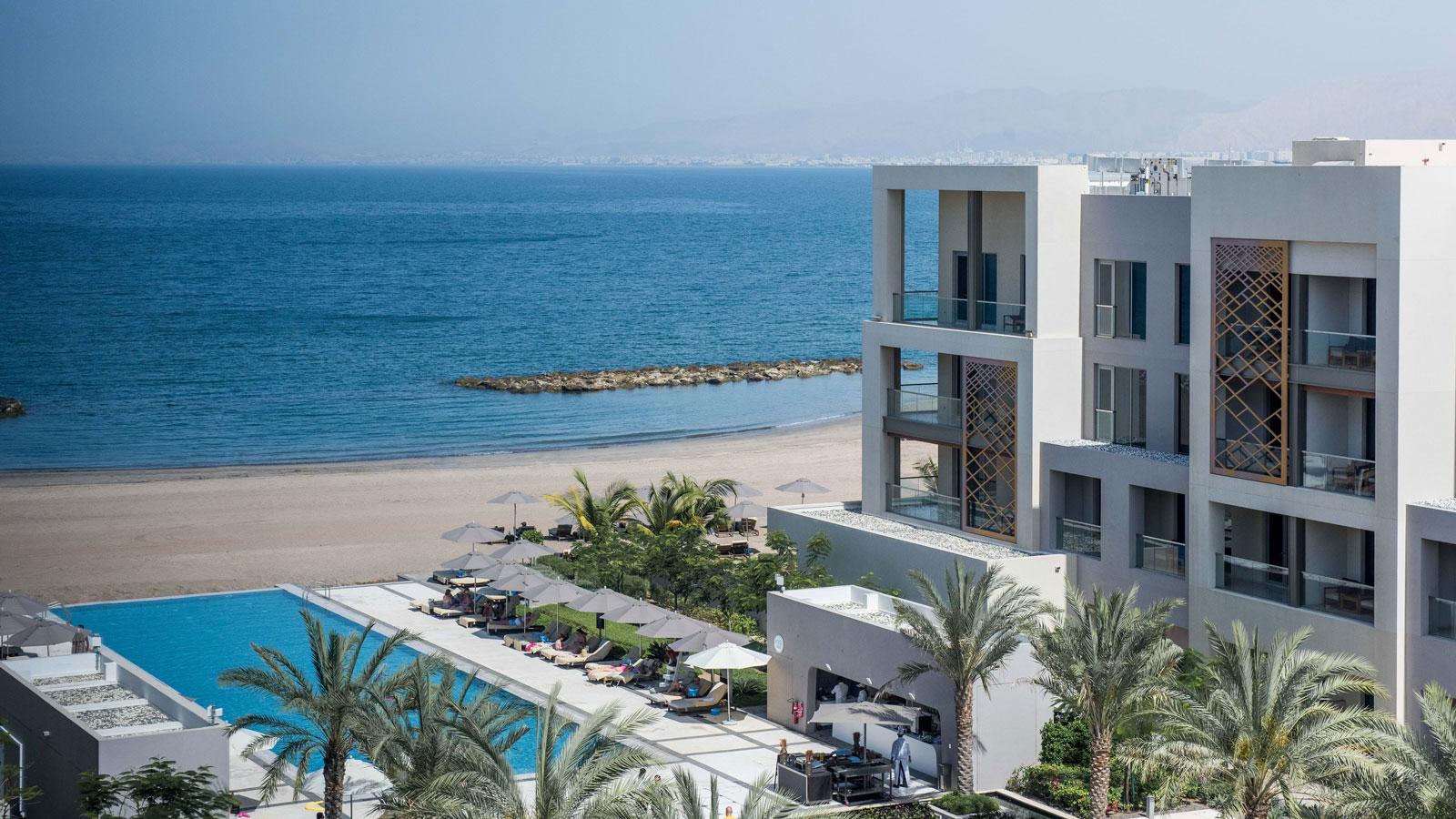 Overhead view of the beachfront Kempinski Hotel Muscat
