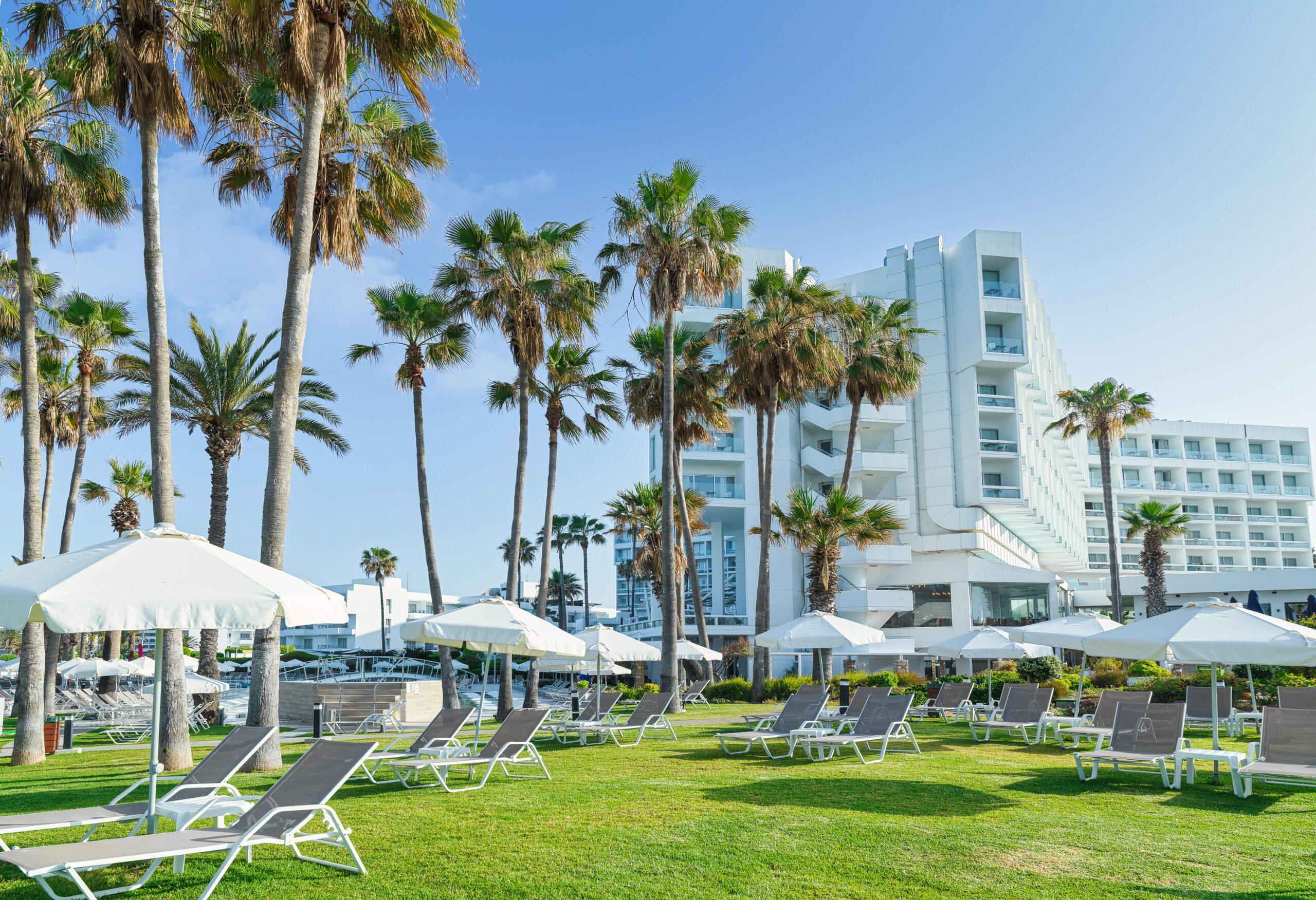 Panoramic view of the Leonardo Plaza with sunbeds and palm trees