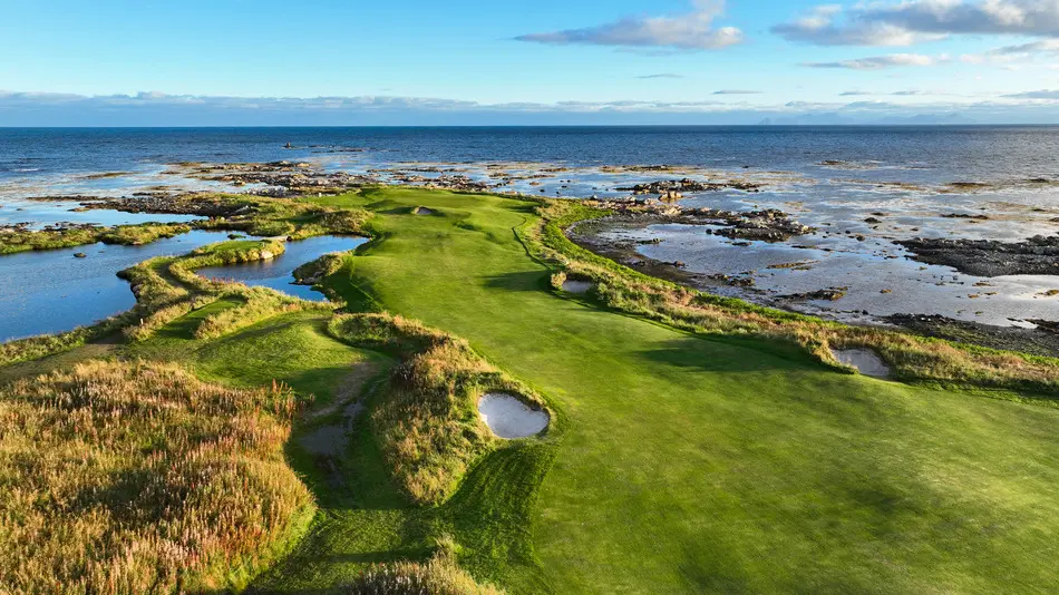 Birdseye view of a well maintained coastal fairway