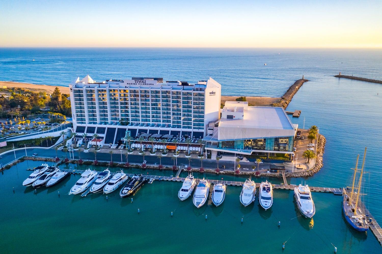 Overhead view of Tivoli Marina Vilamoura with boats parked at the dock