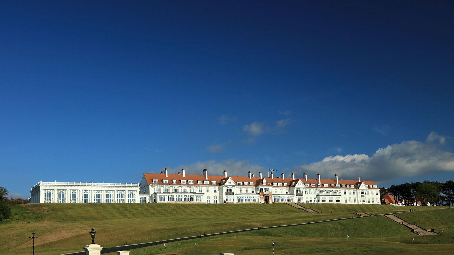 Panoramic view of the Trump Turnberry Resort building overlooking the course