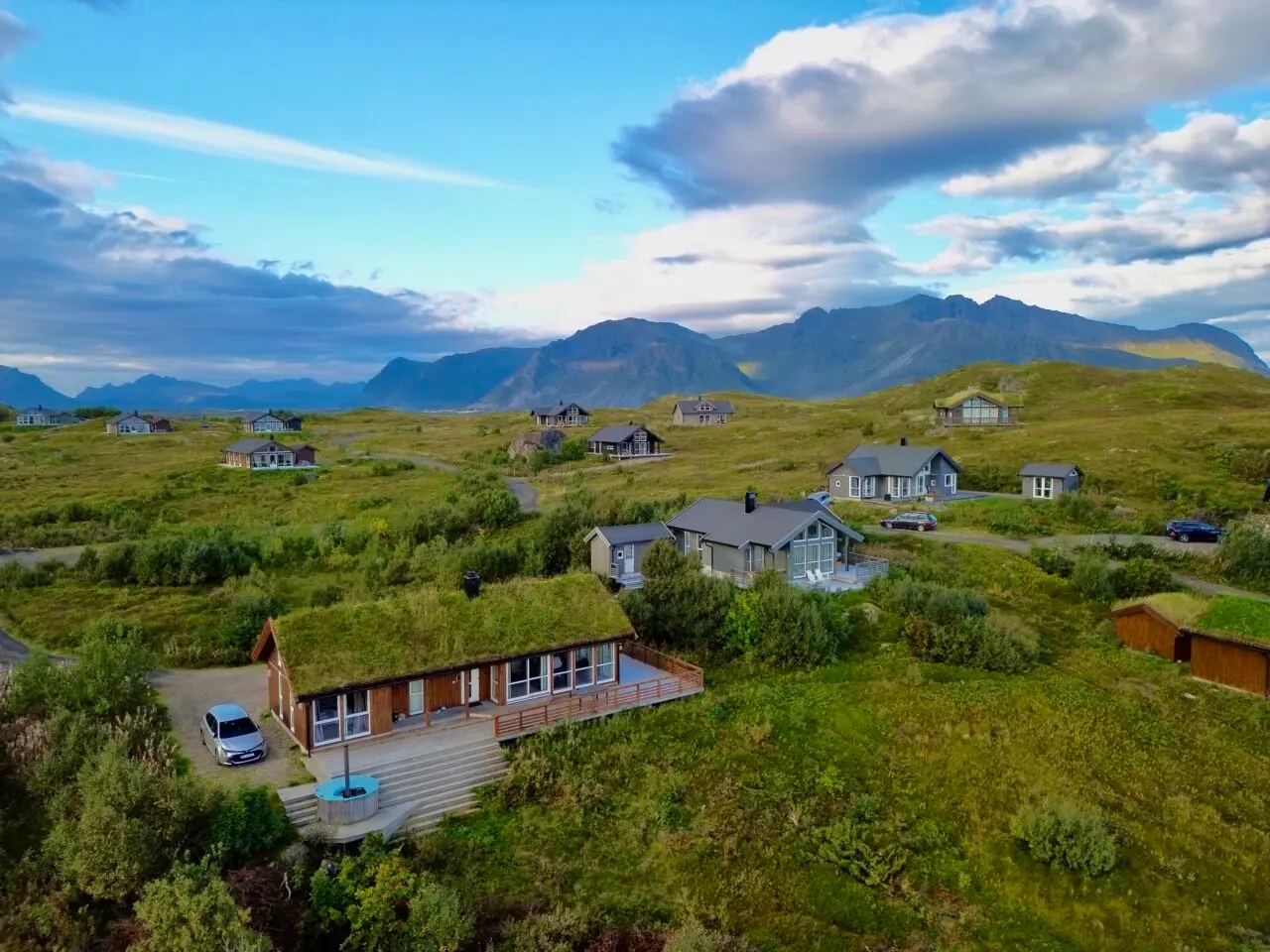 Overhead view of the lodges at Lofoten Links