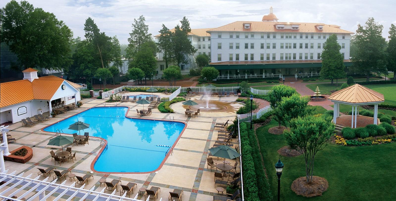Overhead view of an outdoor swimming pool