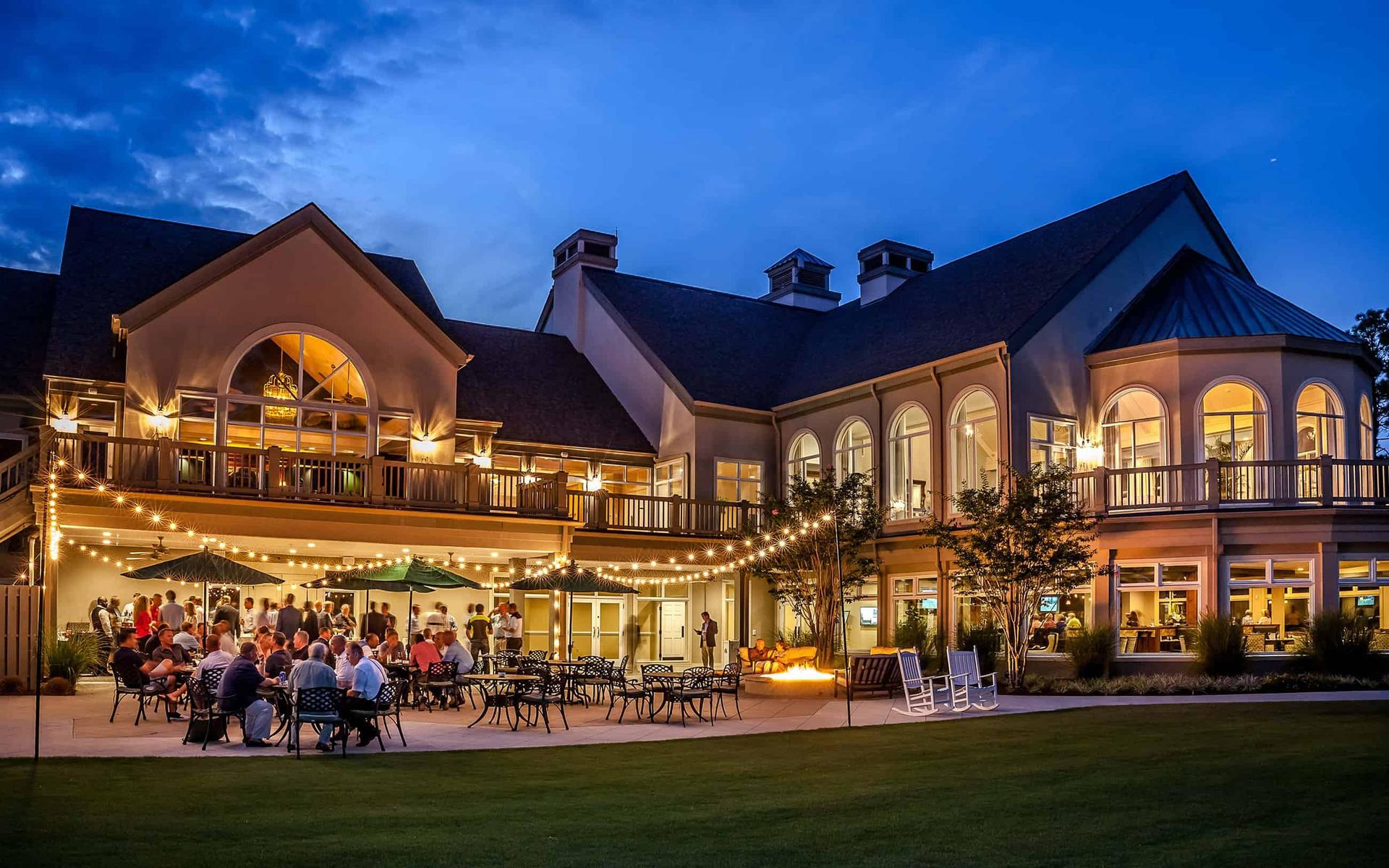 Panoramic view of the Pinehurst Resort lit up at evening