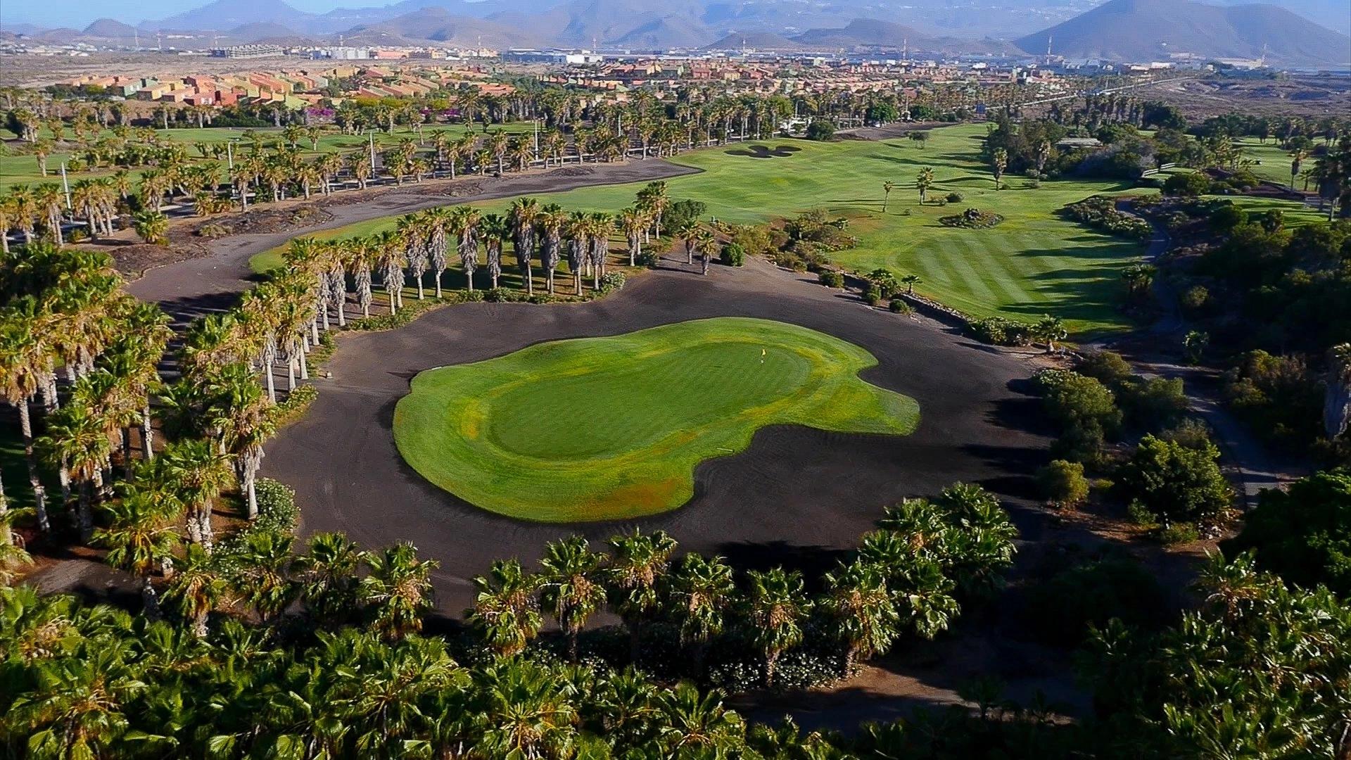 A manicured green surrounded by a black sand bunker