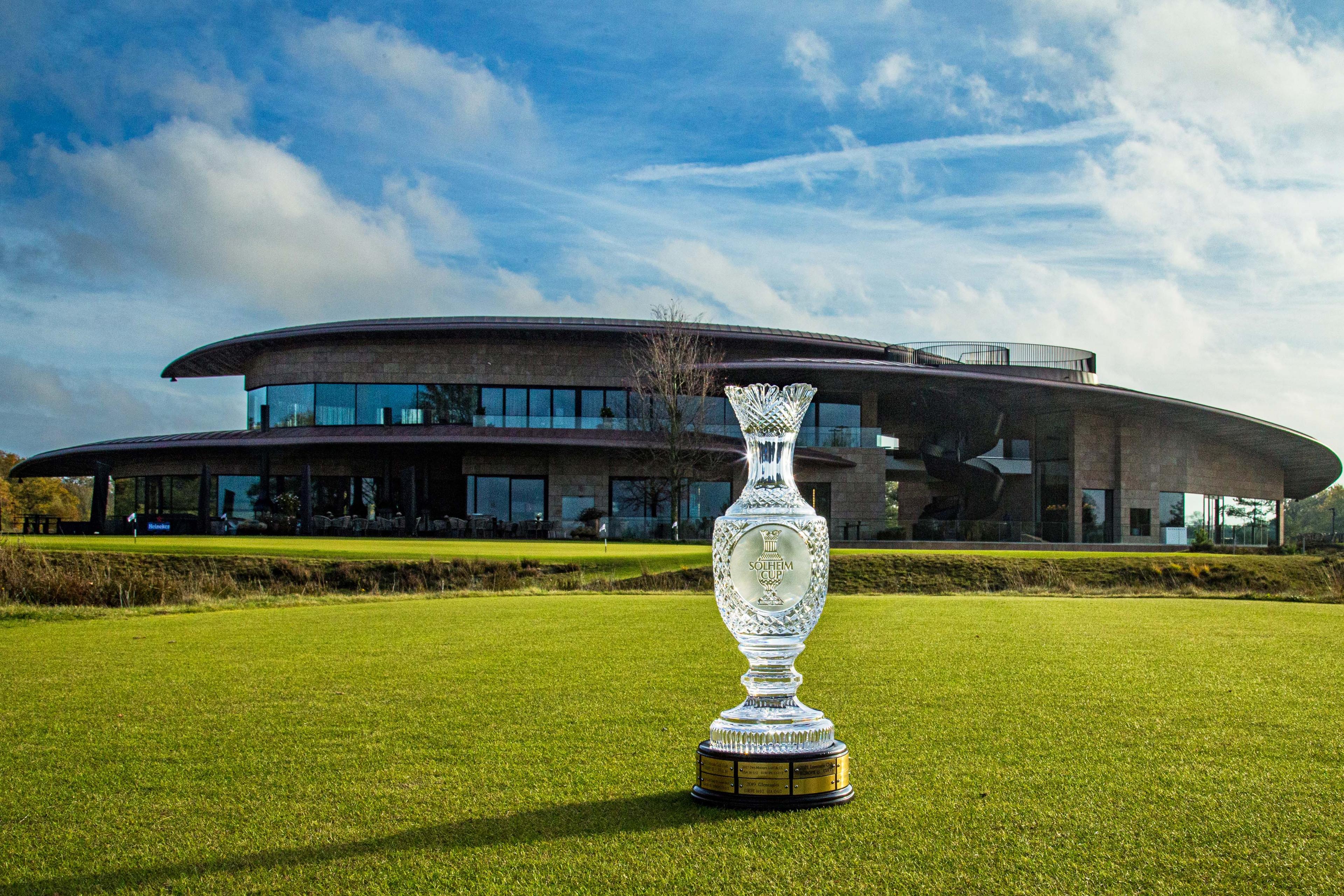 The Solheim Cup sitting outside the Bernardus Lodge clubhouse on the course