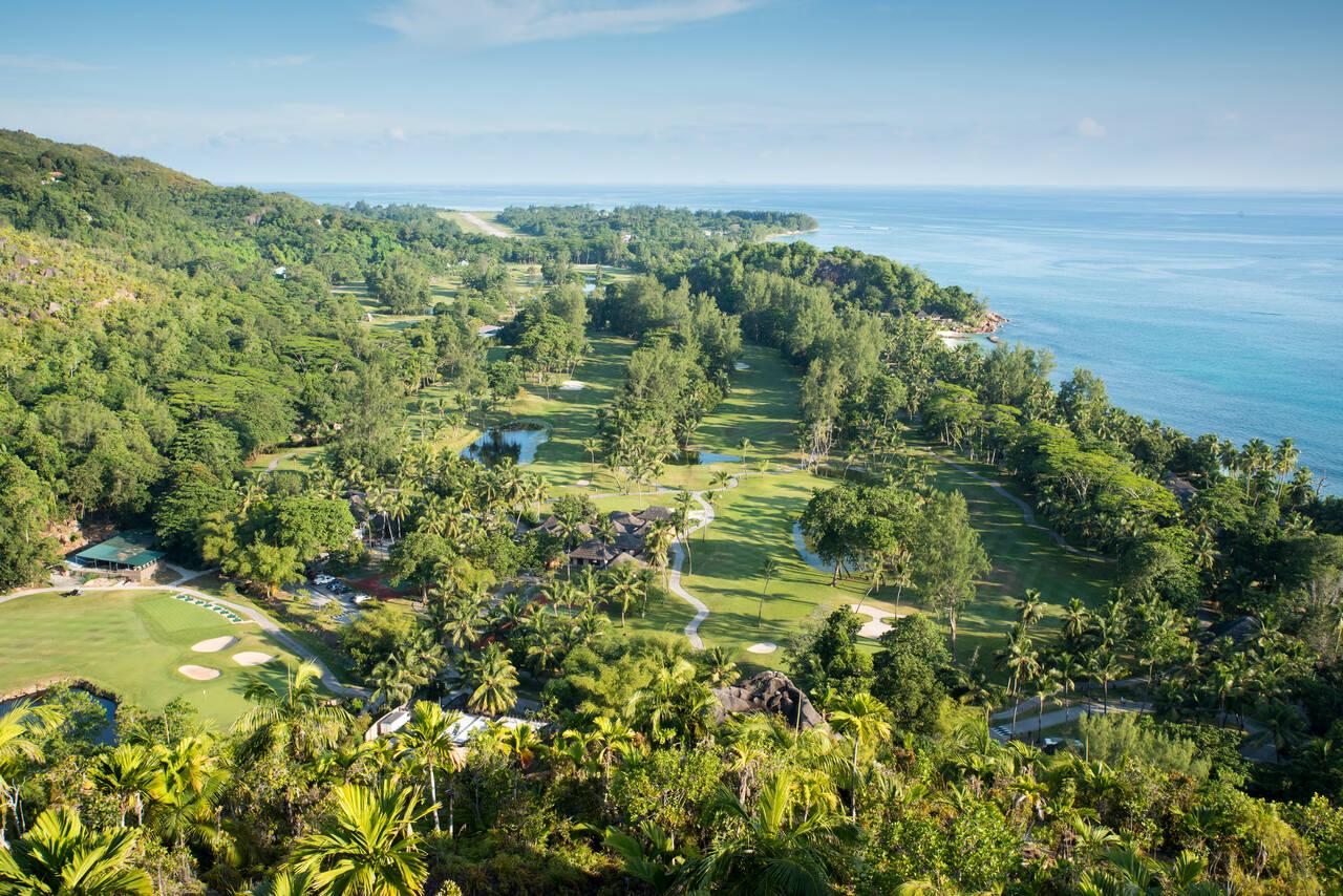 Aerial view of the golf course at Constance Lemuria Praslin Seychelles