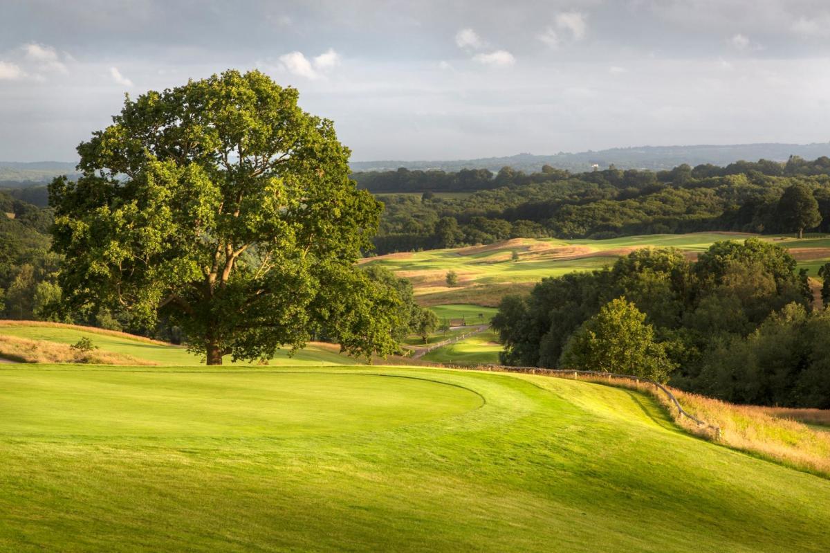 Elevated green with panoramic views of the course and the surrounding countryside