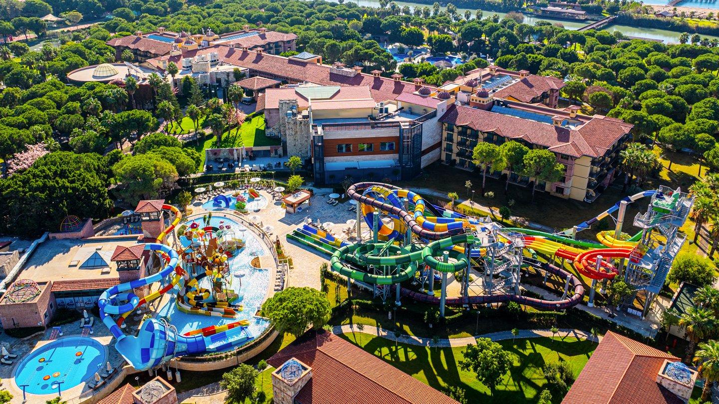 Aerial view of the slides and water slides in the resort