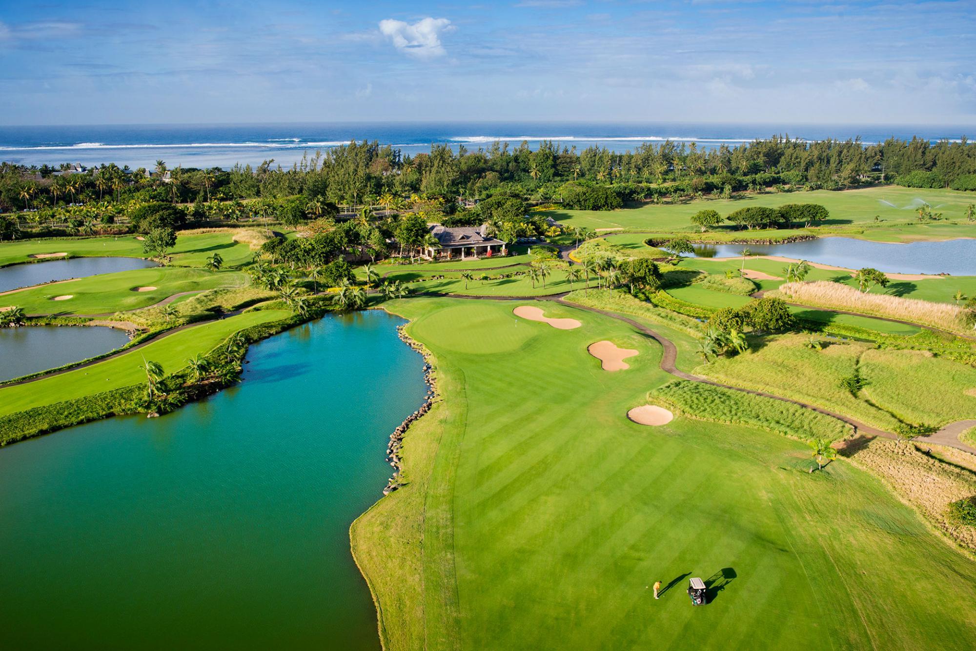 Overhead view of a well maintained fairway with sand bunkers