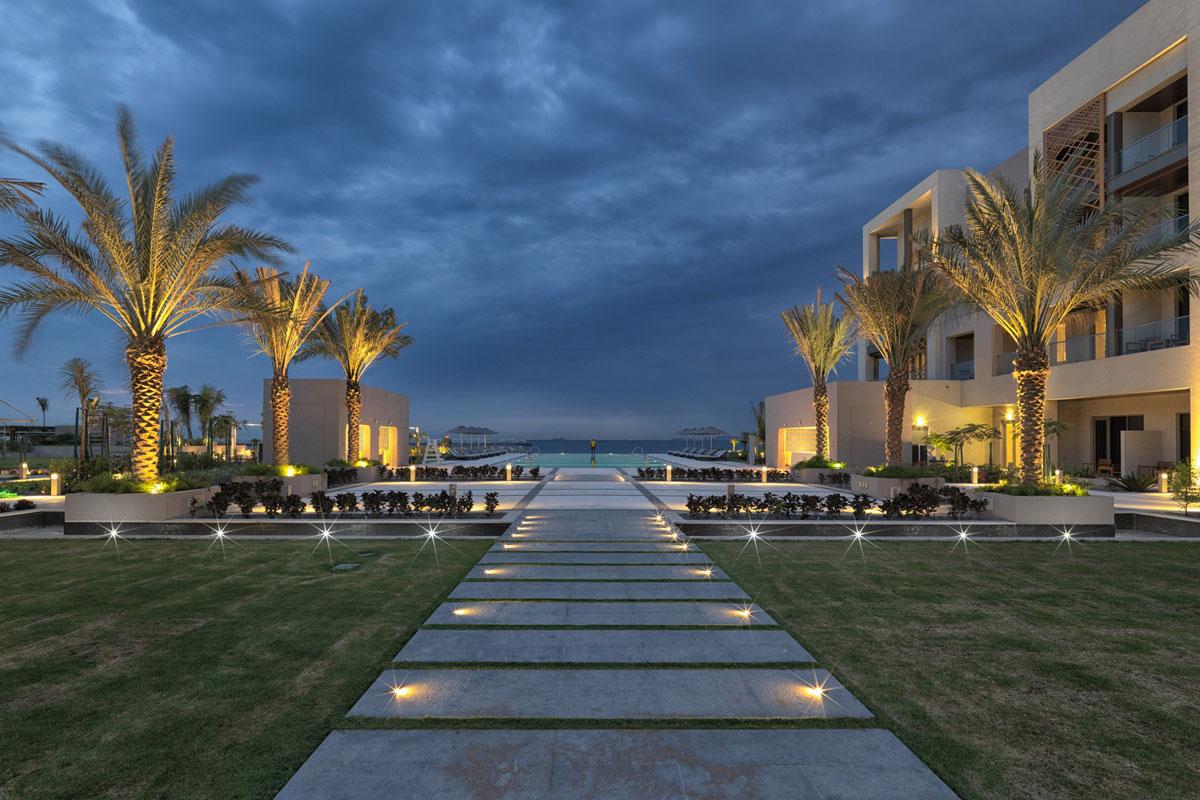 Walkway surrounded by palm trees leading towards the beach