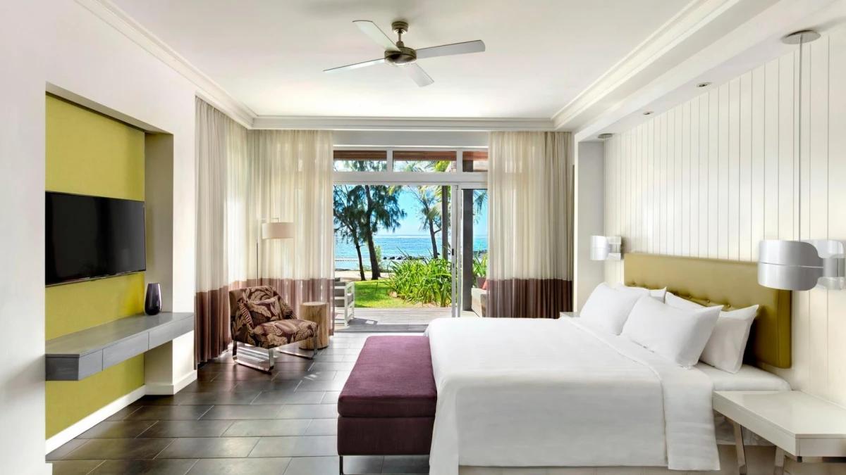 Double bed suite at Long Beach Mauritius with patio space