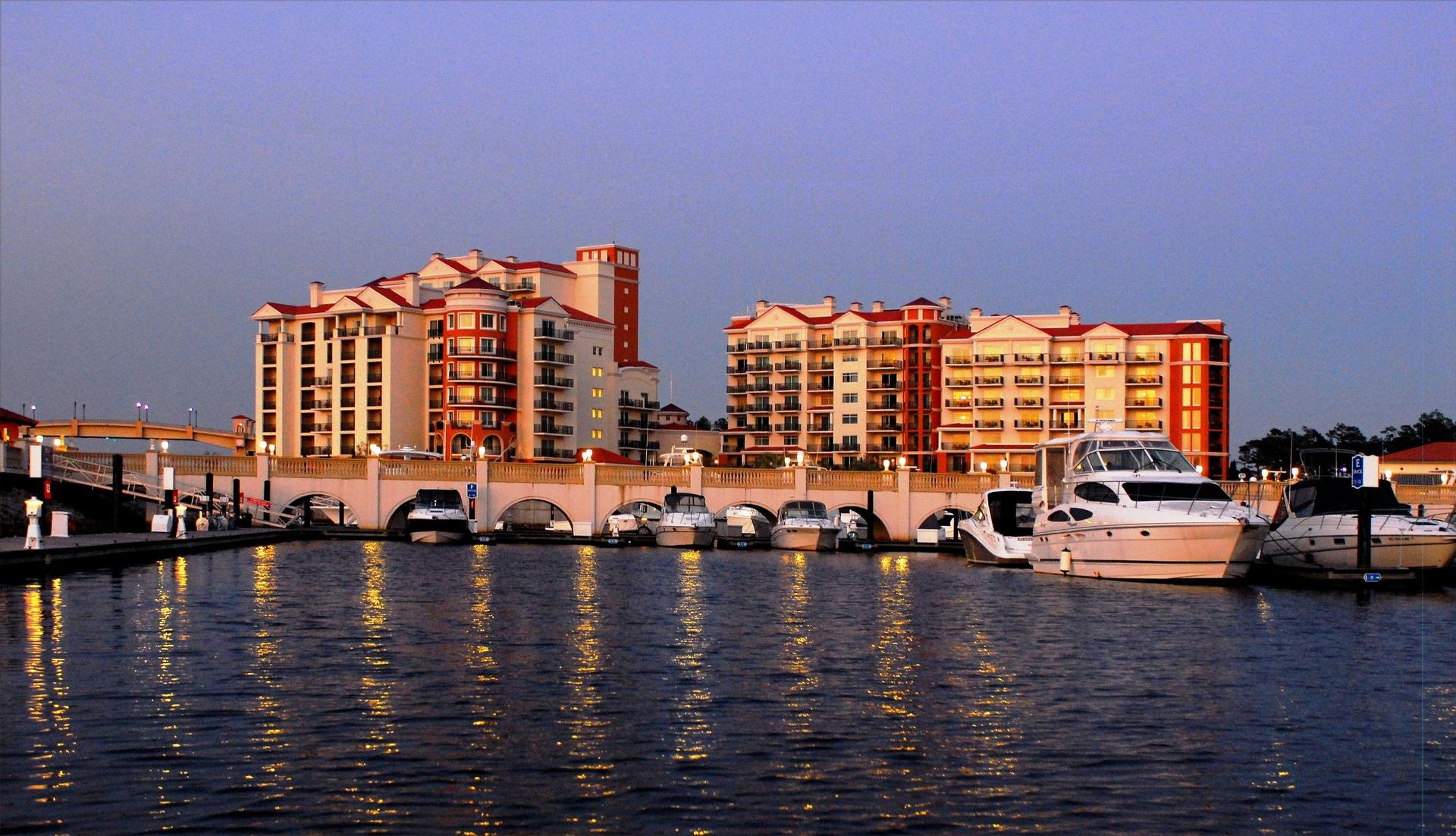 Panoramic view of the Marina Inn at Grande Dunes overlooking the dockyard
