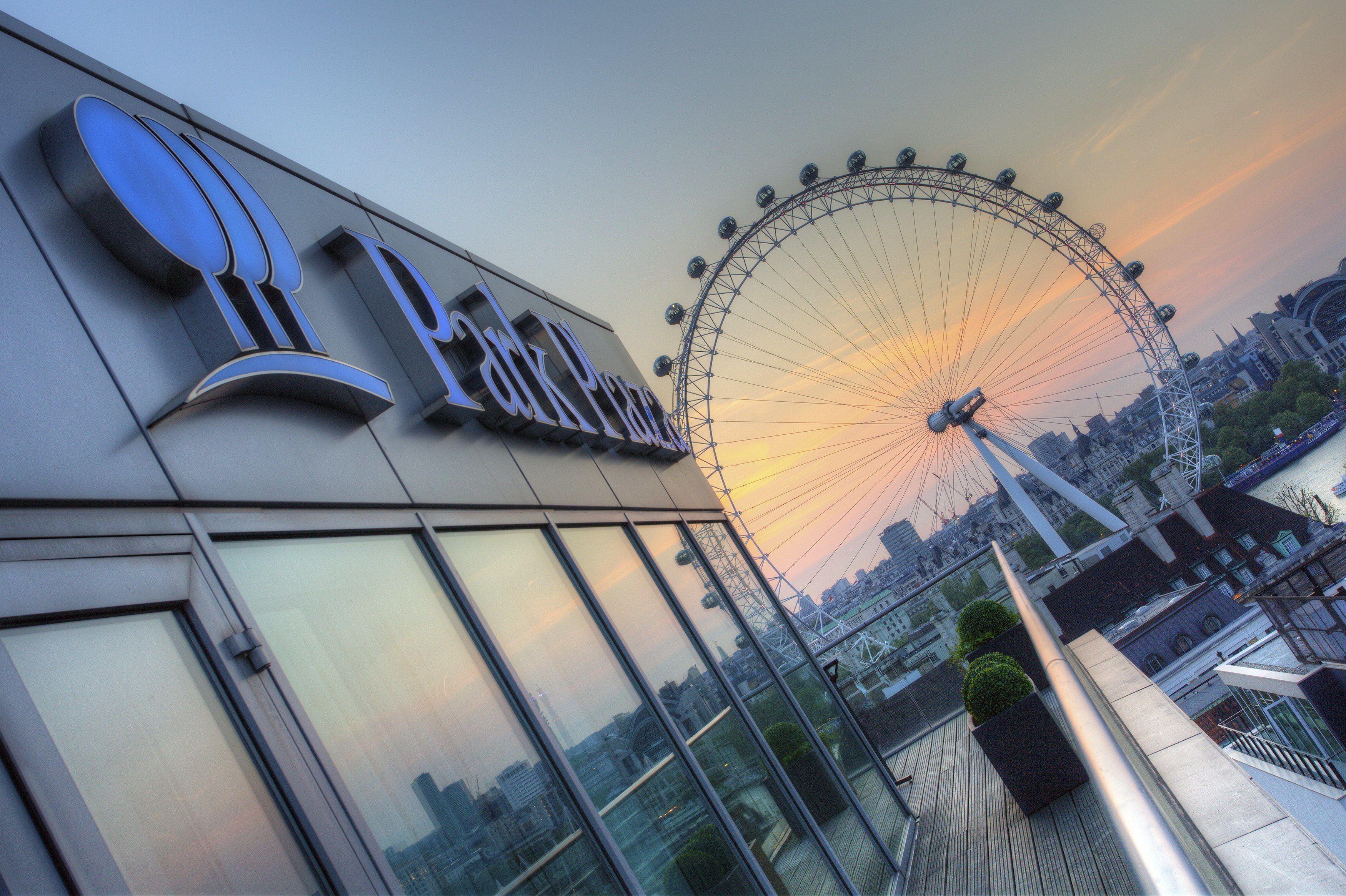 View of the Park Plaza County Hall sign with big ben in the back