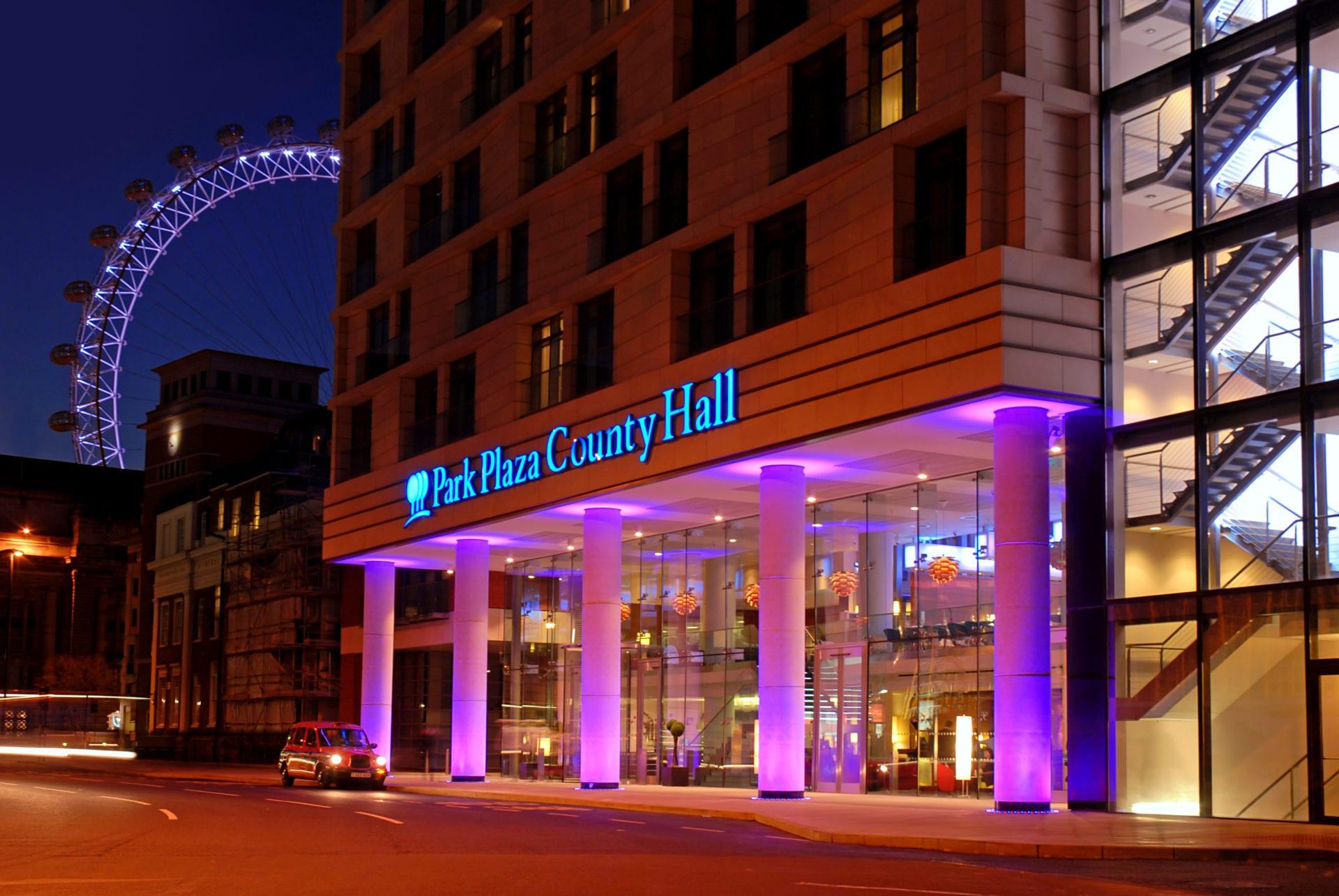 View of the front entrance into Park Plaza County Hall