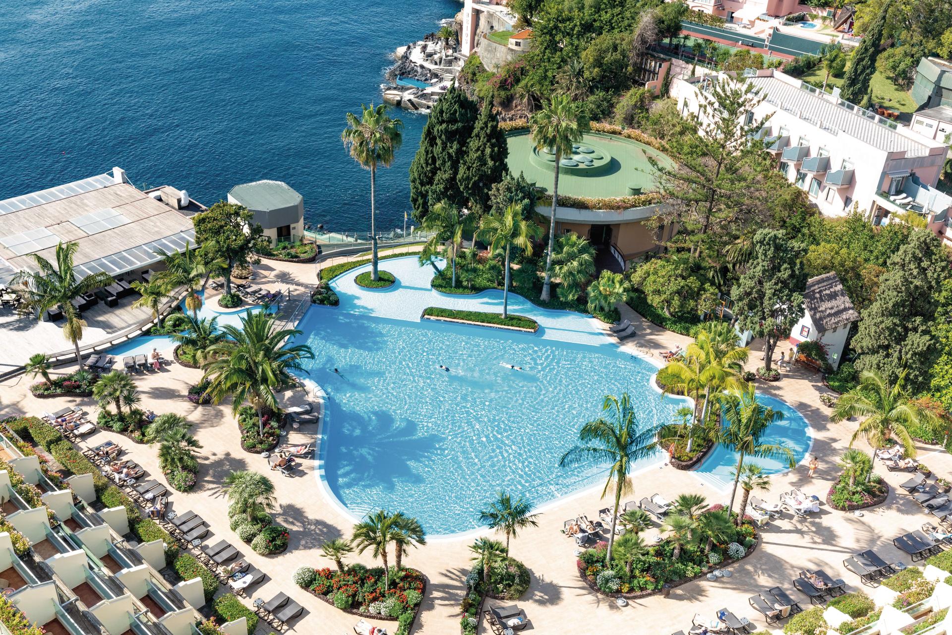 Overhead view of the outdoor swimming pool at Pestana Carlton Madeira