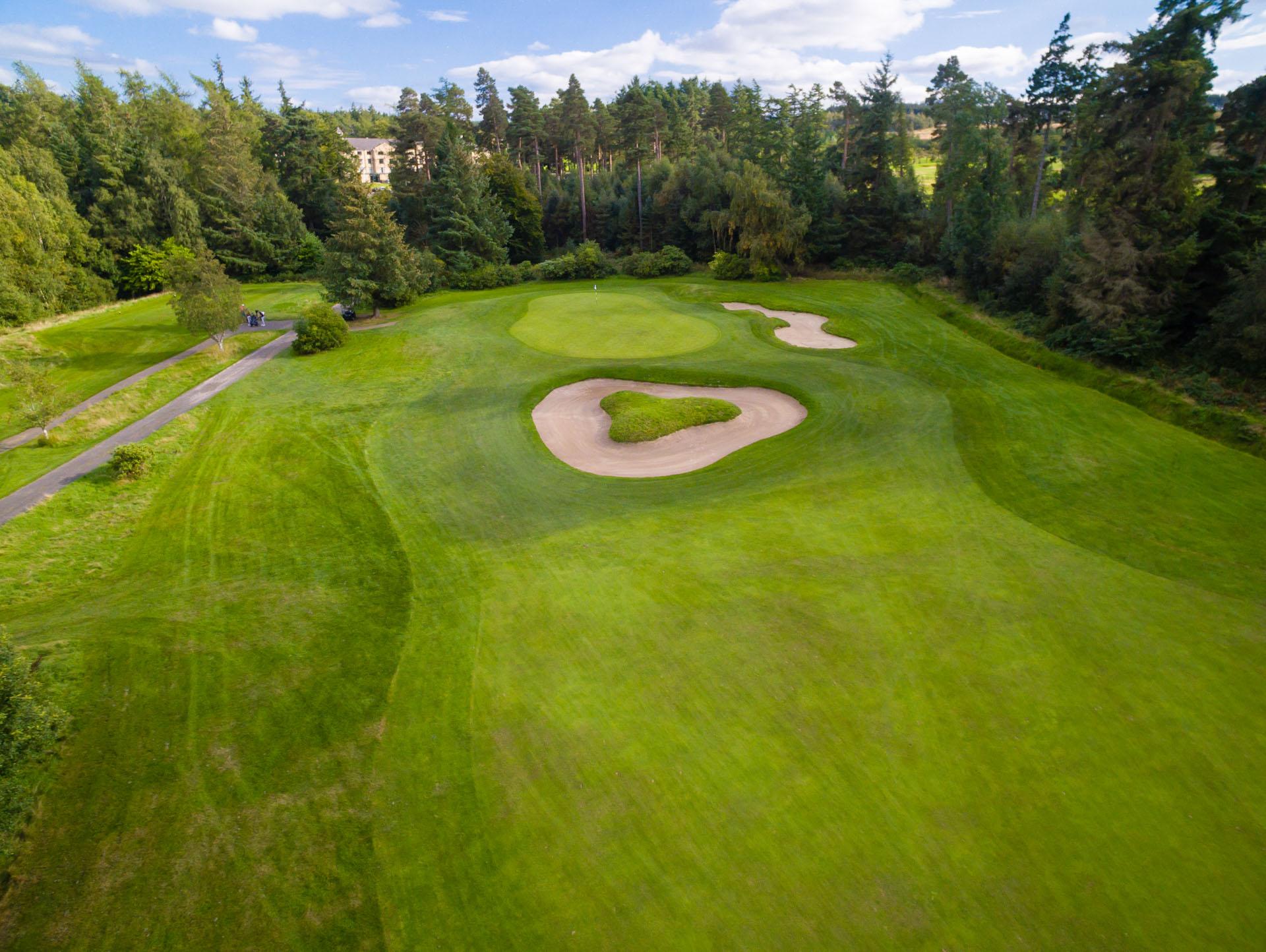 Aerial view of a small green with a treacherous bunker in front