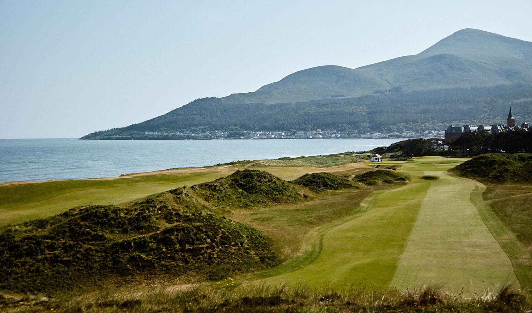 A well maintained fairway with coastal views