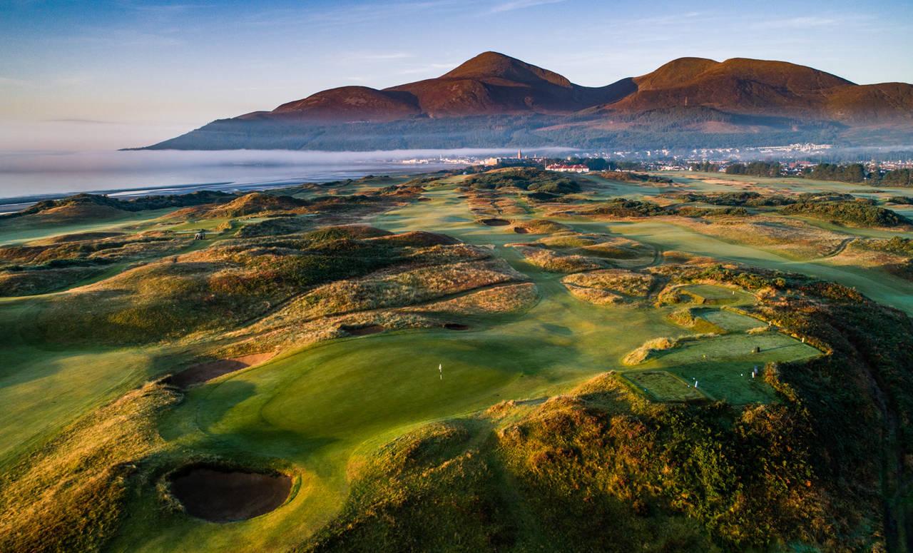 Overhead view of a well maintained fairway surrounded by a rough at the Slieve Donard Resort & Spa