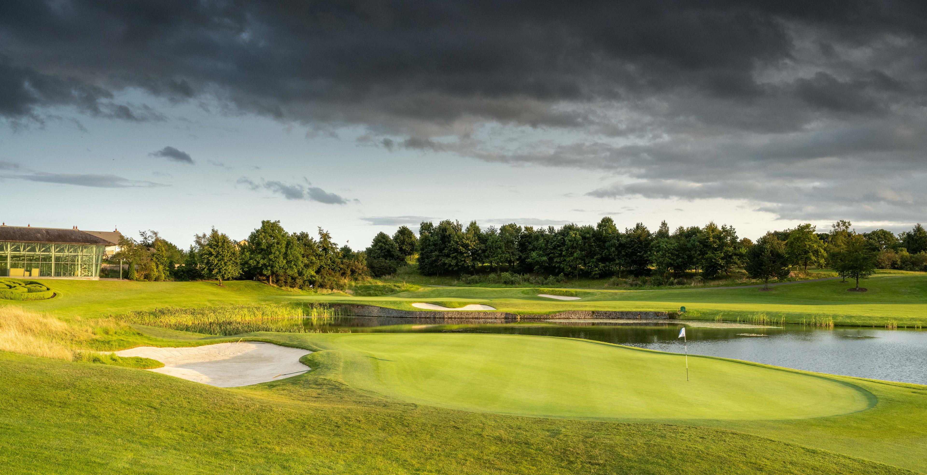 A smooth green surrounded by sand bunkers