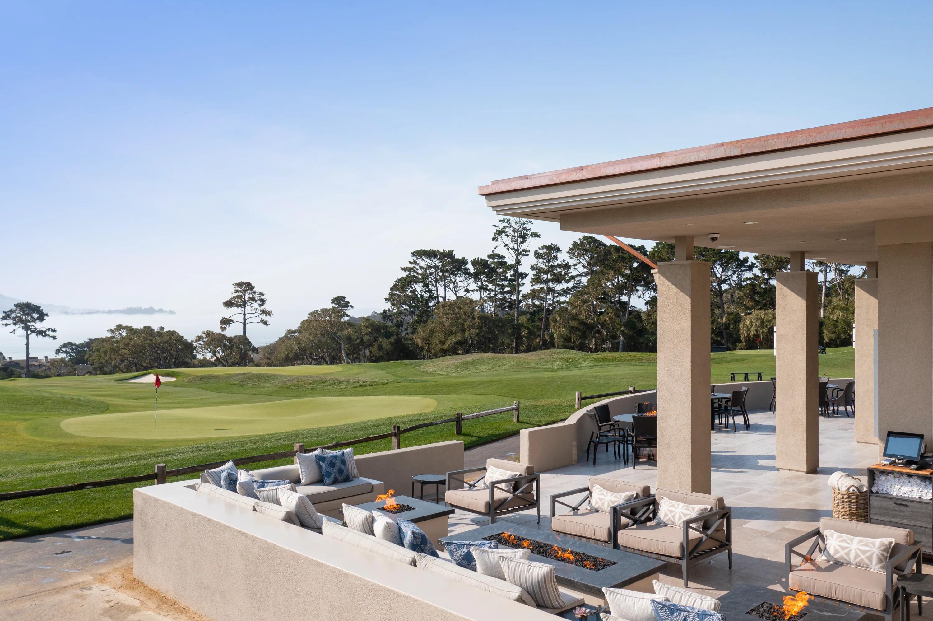 Panoramic view of The Lodge at Pebble Beach overlooking the course