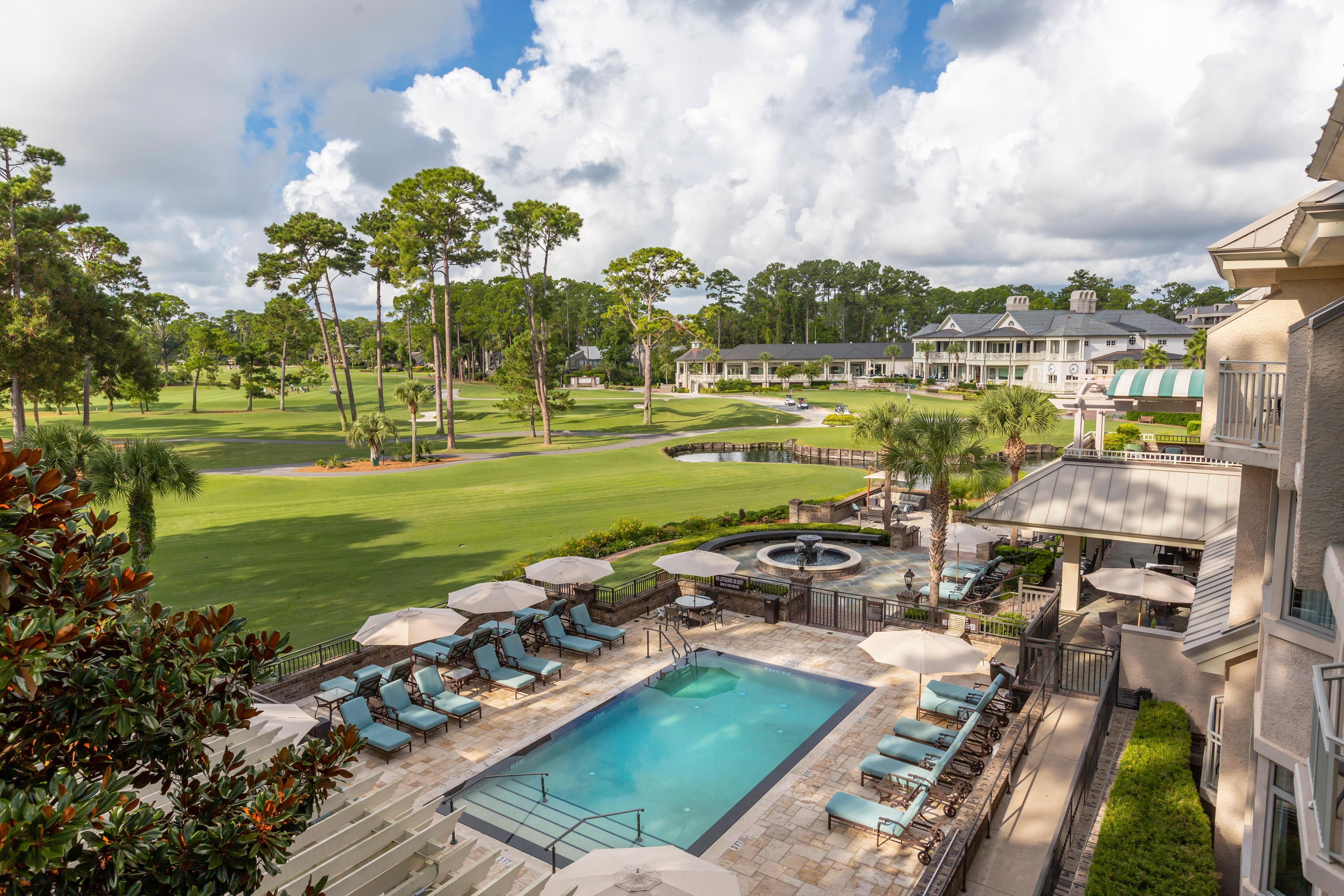 Overhead view of the outdoor swimming pool at The Sea Pines Resort