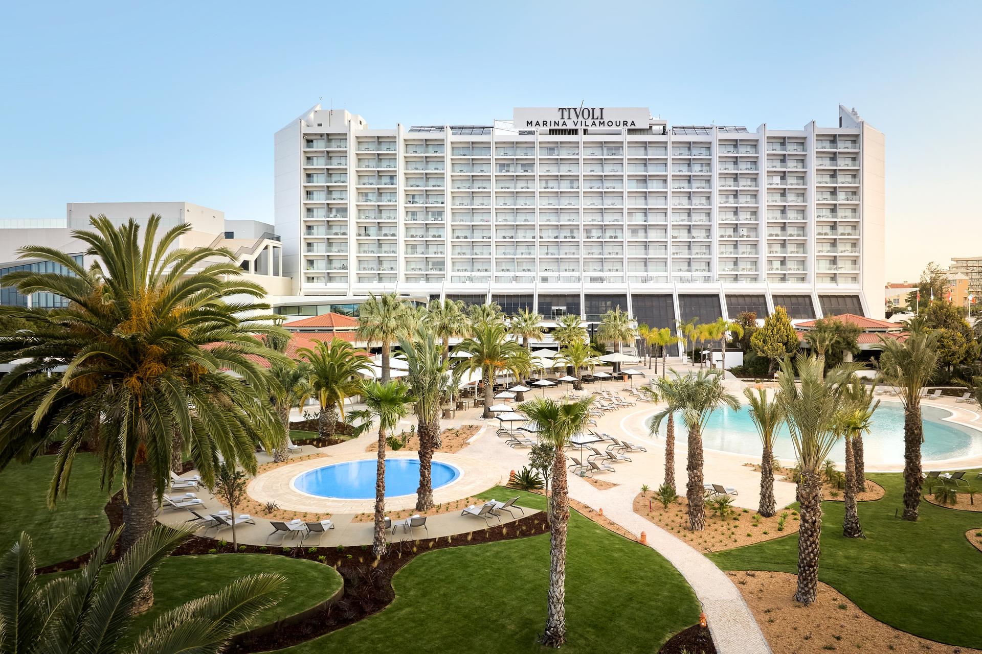 Panoramic view of the Tivoli Marina Vilamoura overlooking the outdoor swimming pools