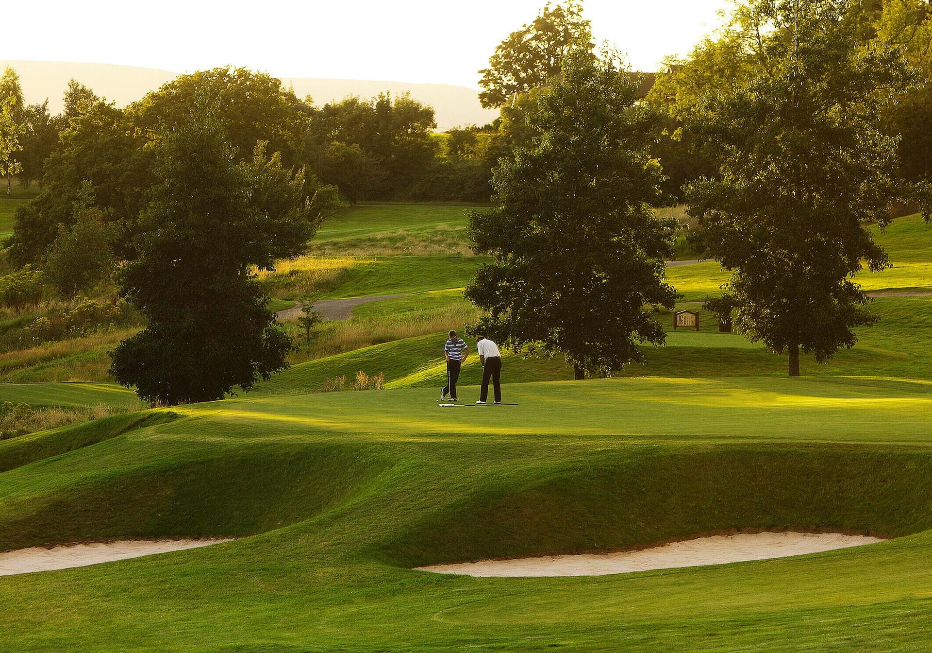 An elevated green surrounded by sand bunkers