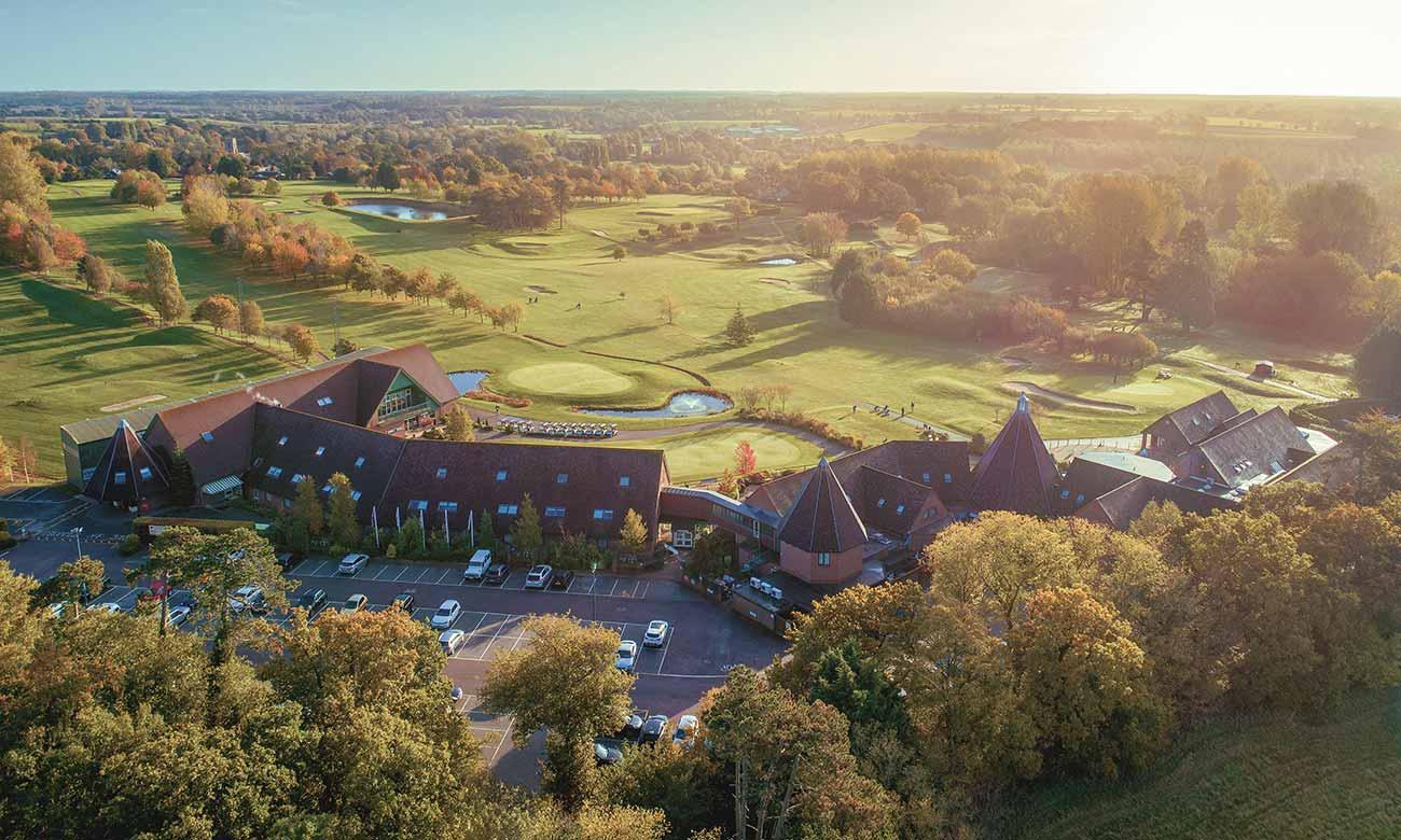 Overhead view of the Ufford Park Hotel, Golf & Spa building overlooking the course