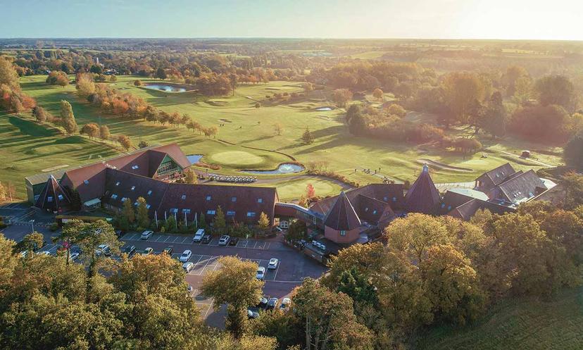 Overhead view of the Ufford Park Hotel, Golf & Spa building overlooking the course