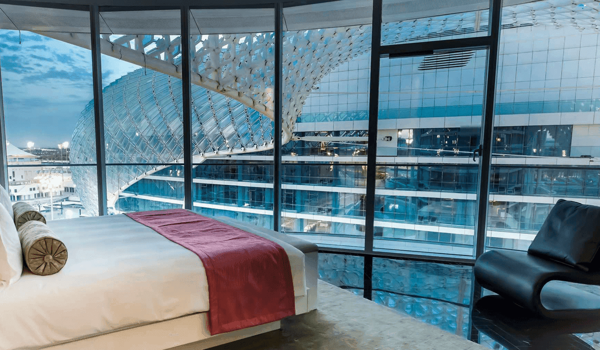 Double bed suite with panoramic window views