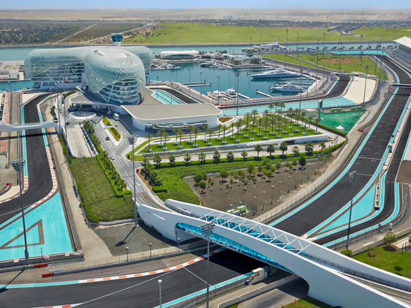 Overhead view of the W Abu Dhabi - Yas Island surrounded by a race track
