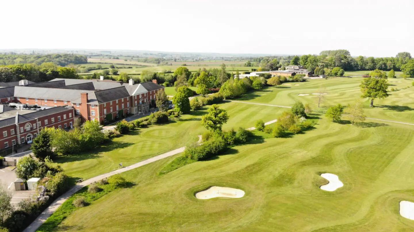 Overhead view of the Whittlebury Hall - Park building overlooking the course
