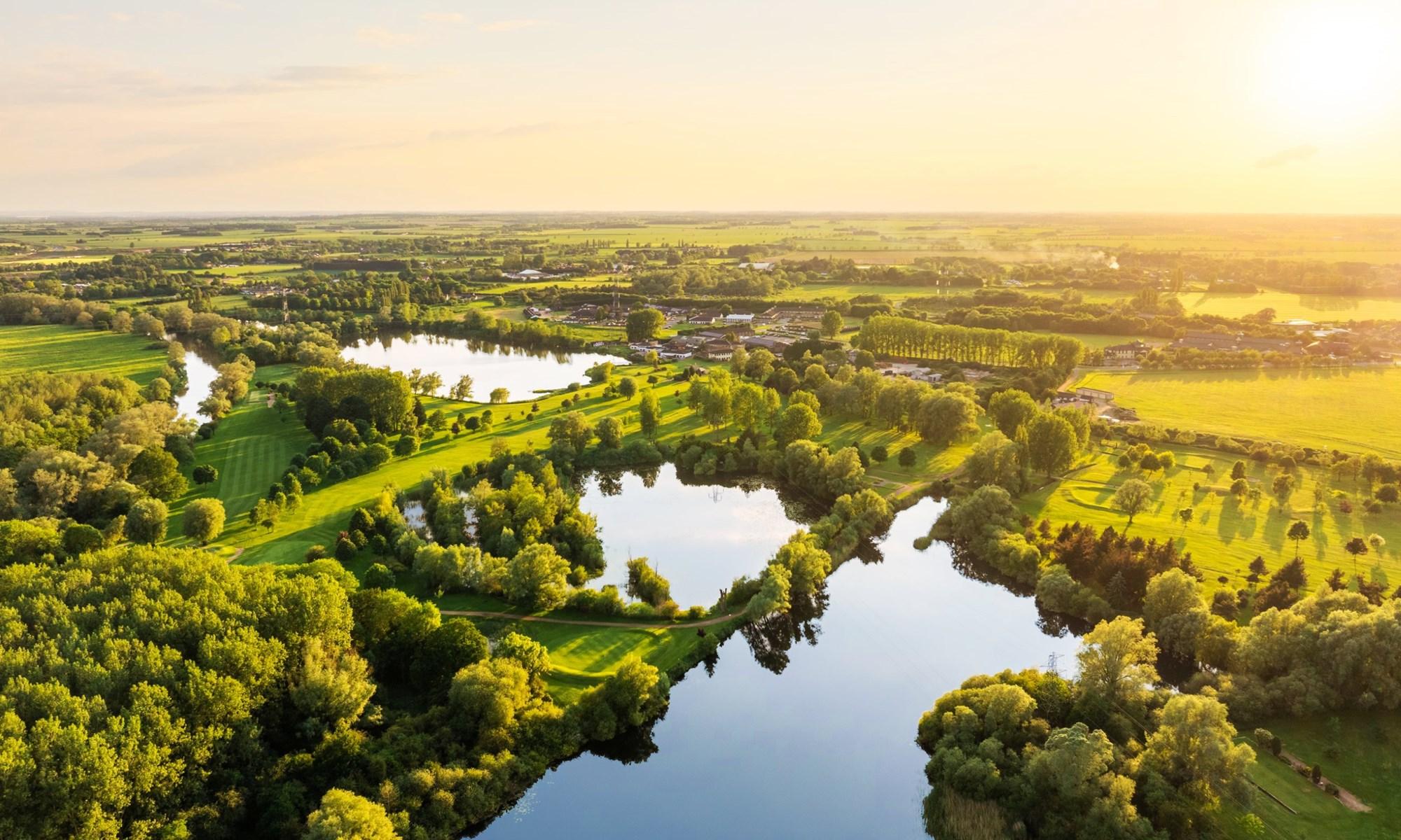 Birdseye view of water hazards on the Wyboston Lakes Golf Resort
