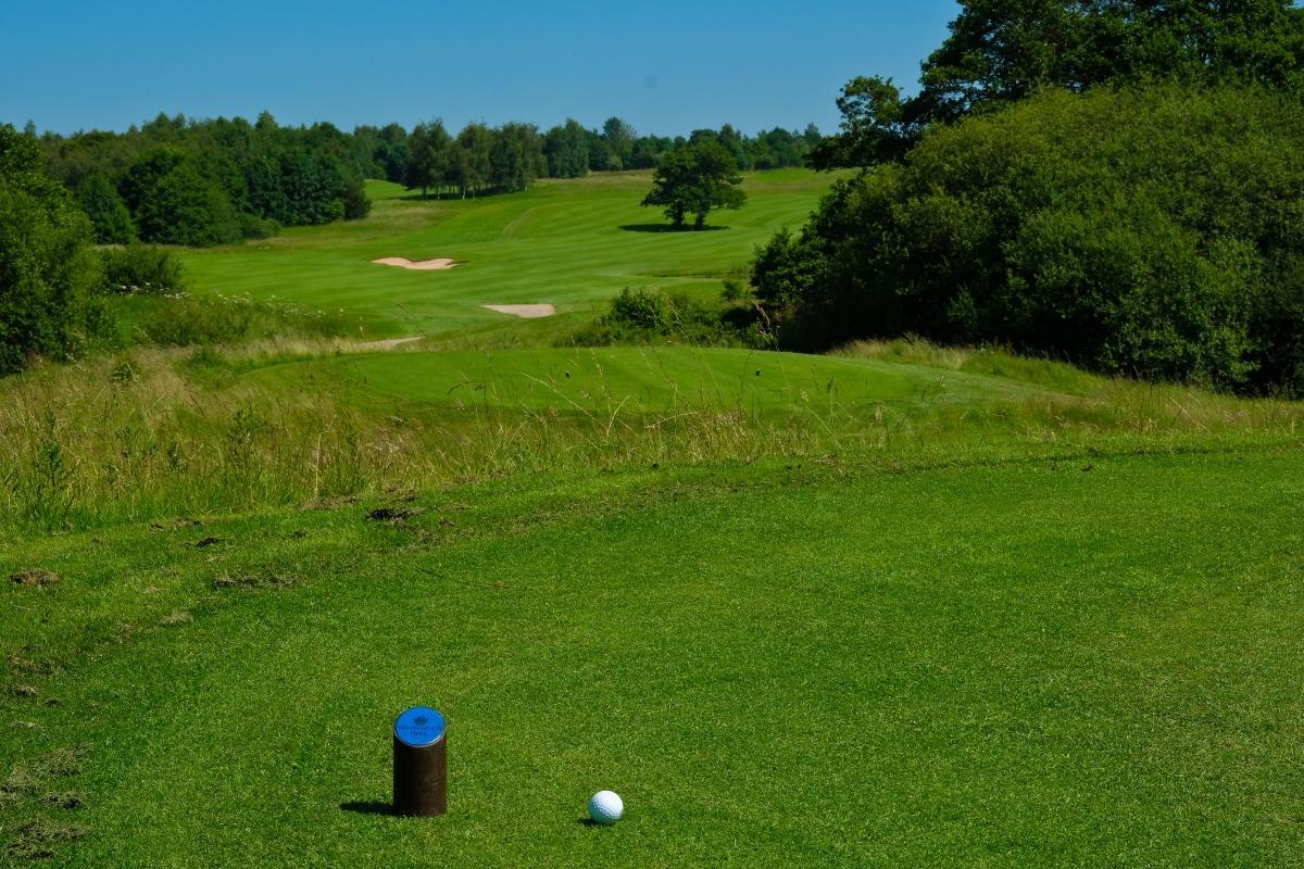 A well maintained fairway nestled with sand bunkers