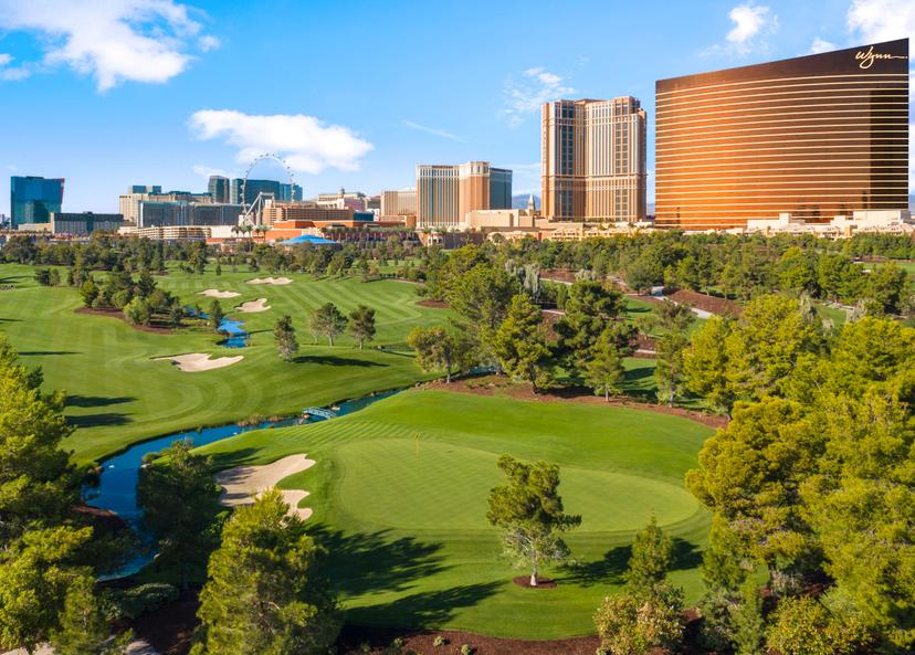 Panoramic view of the Wynn Las Vegas overlooking a neighbouring golf course
