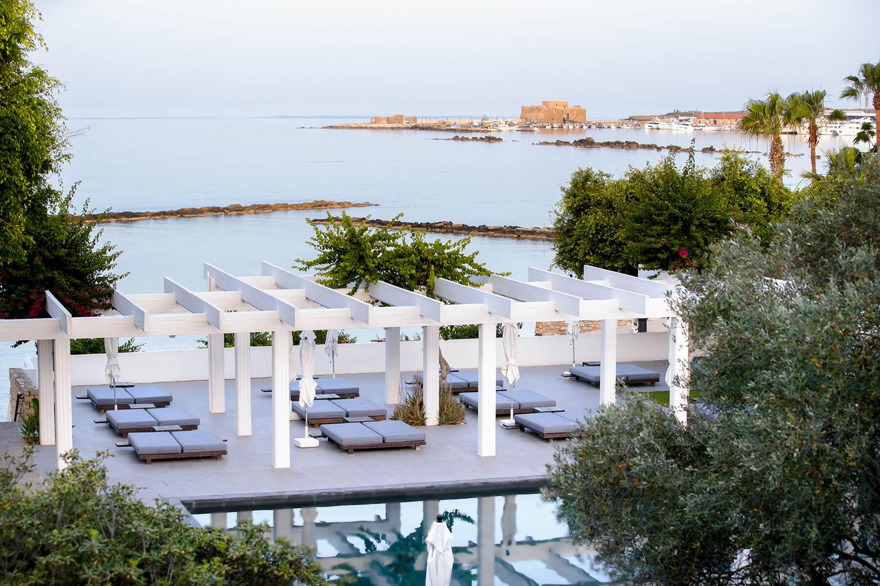 Overhead view of sunbeds at the Almyra Hotel