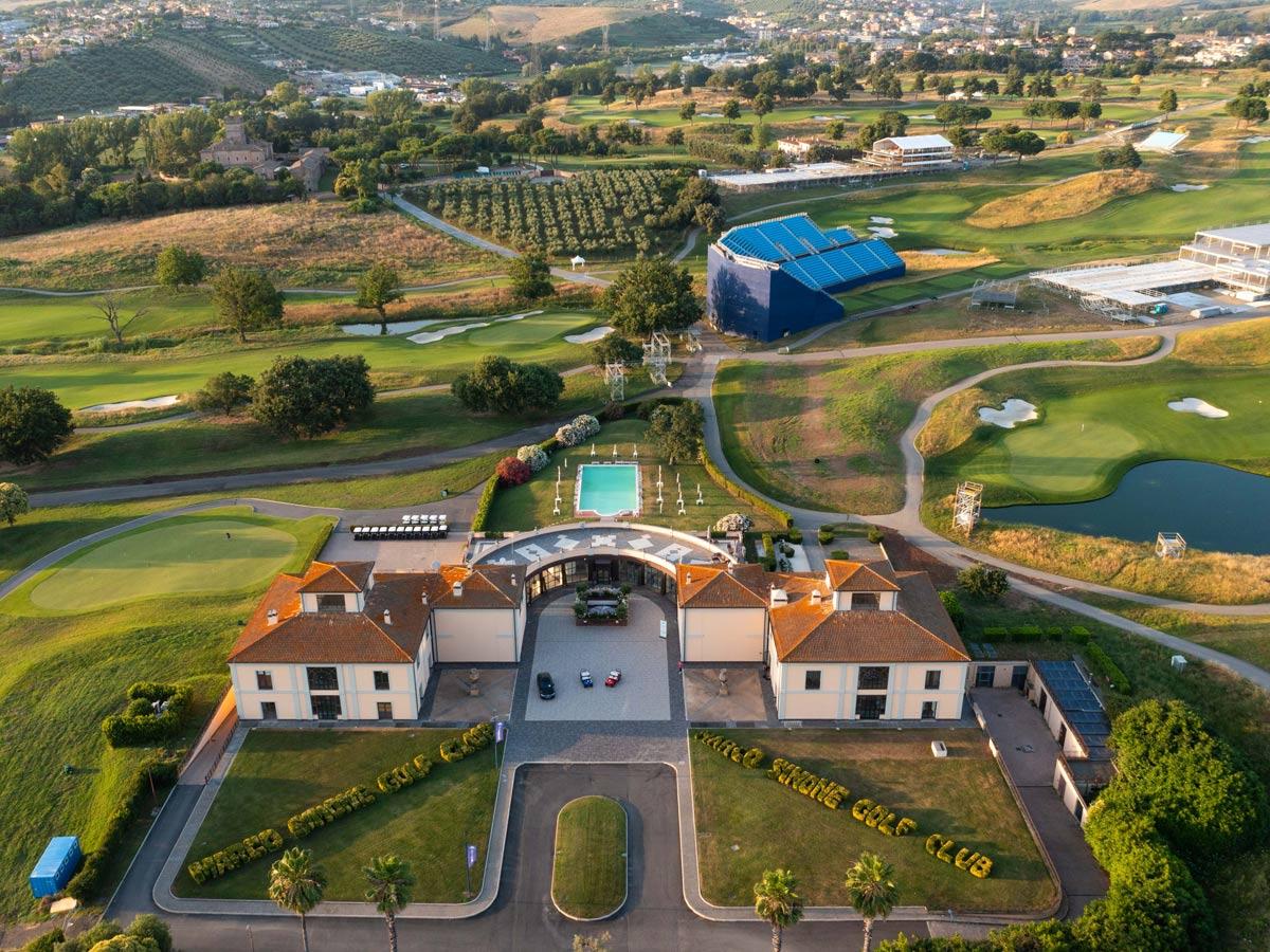 Overhead view of the Marco Simone Golf clubhouse overlooking the course